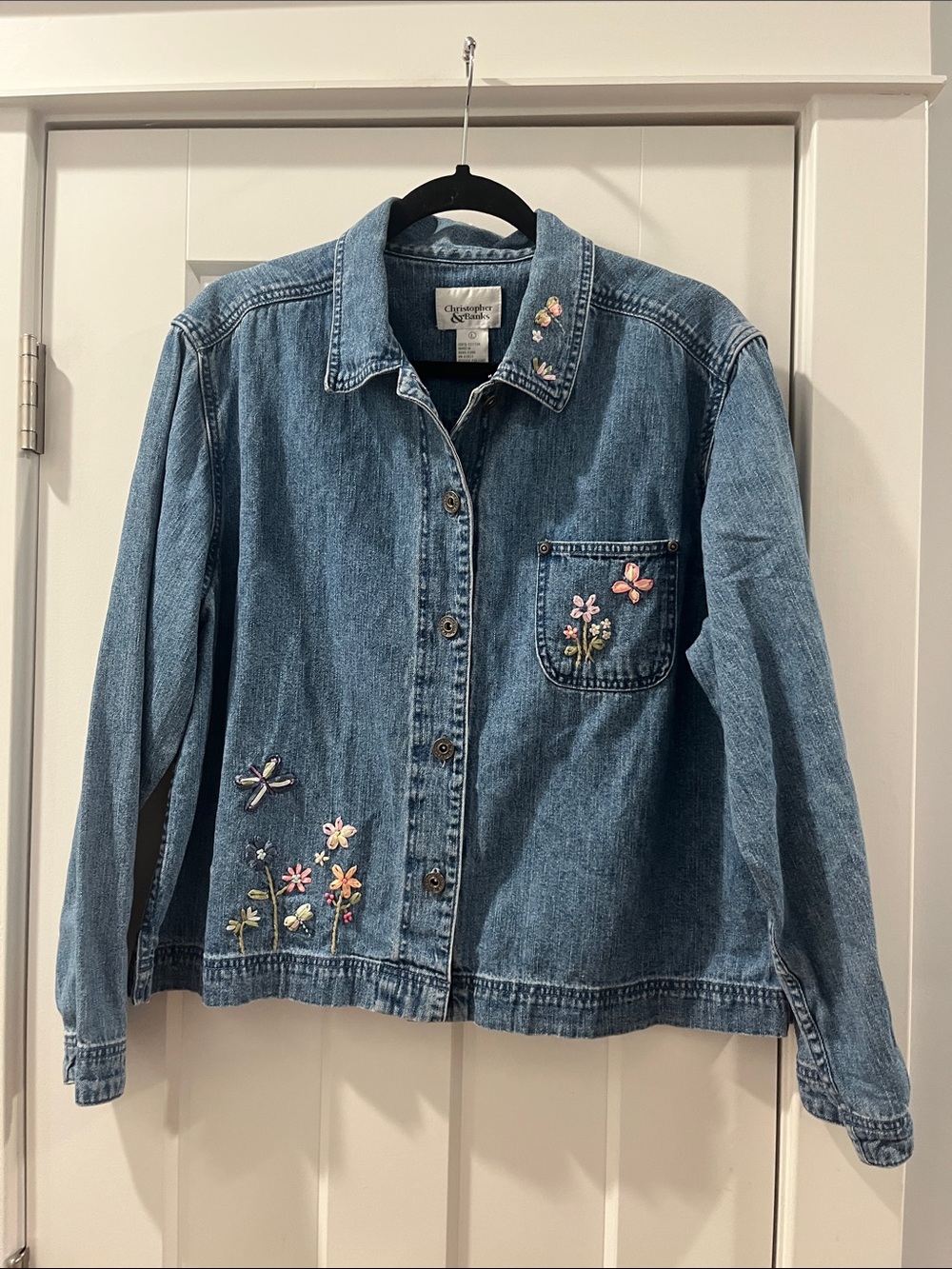 Grandmacore Gardencore Eclectic Embroidered Ribbon Light Weight Denim Jacket L